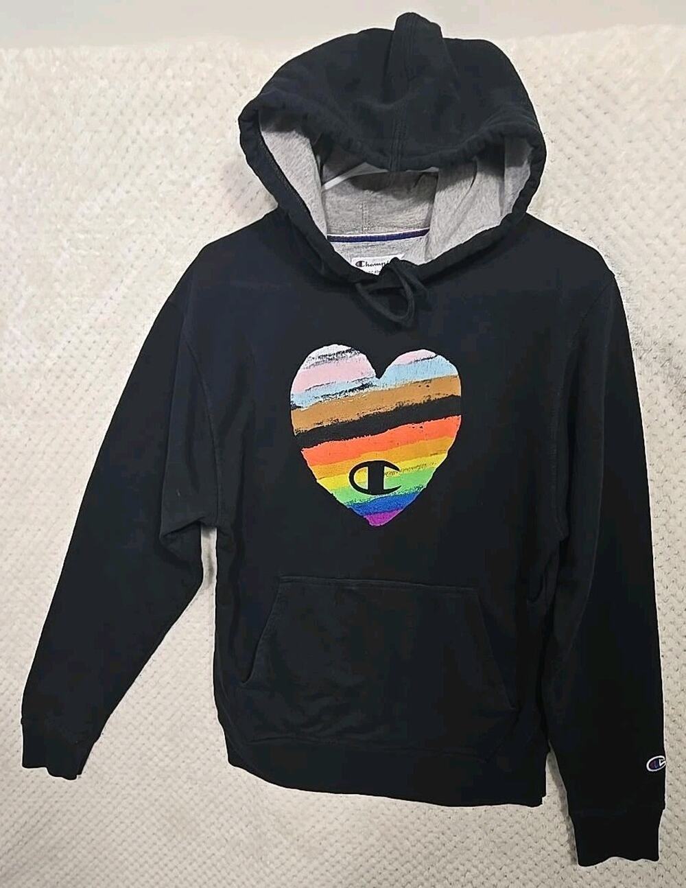 Champion Hoodie Womens Small Black Rainbow Heart Logo Pullover Sweatshirt #0327